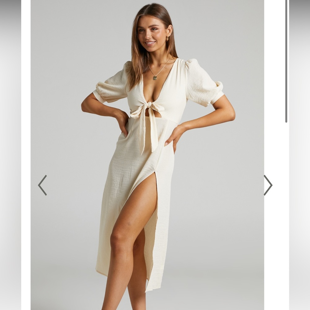 Showpo Erleen Front Tie Slit Midi Dress in Cream!